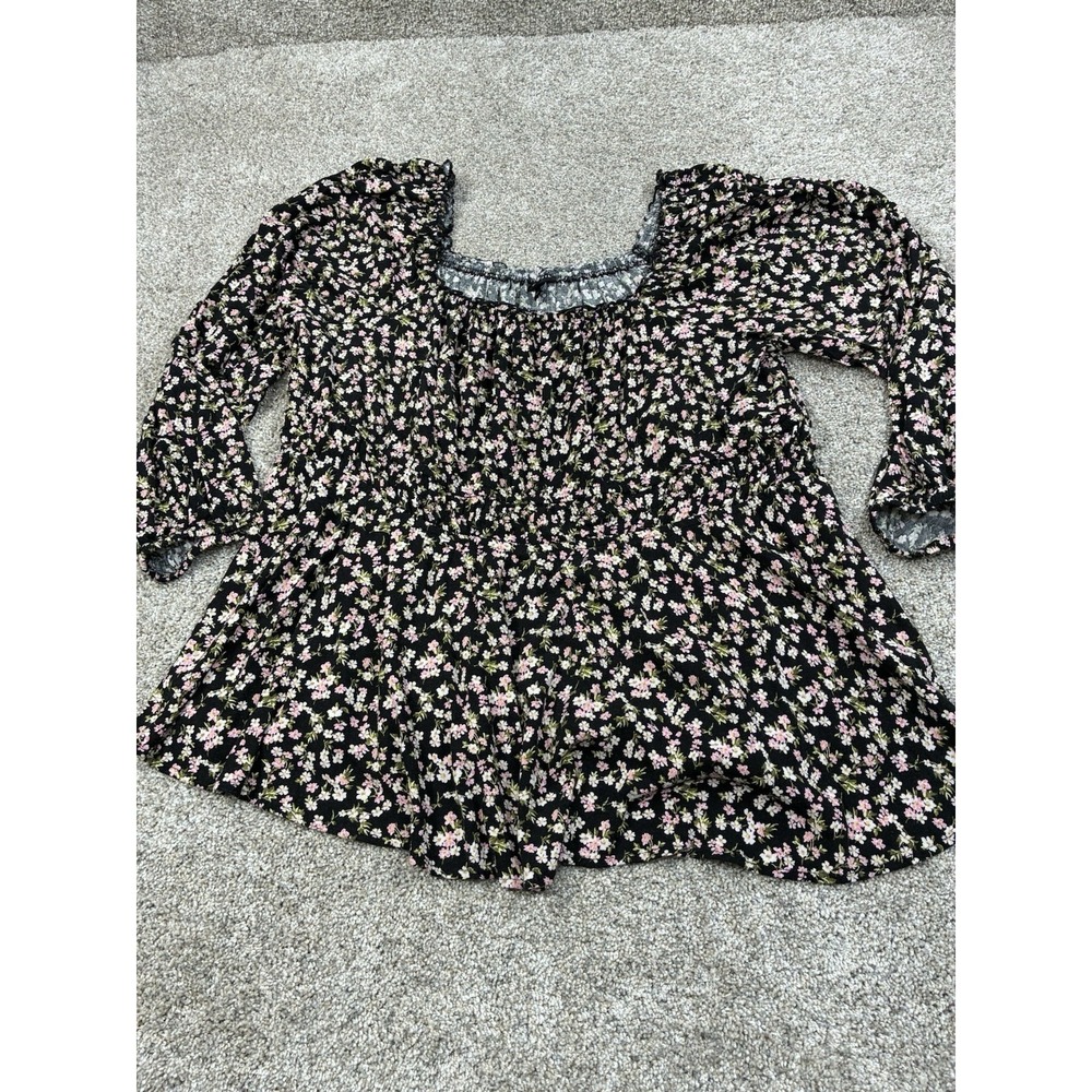 Torrid Top 4XL Peasant Black Pink Floral Long Sleeves‎ Under Bust Elastic #0463
